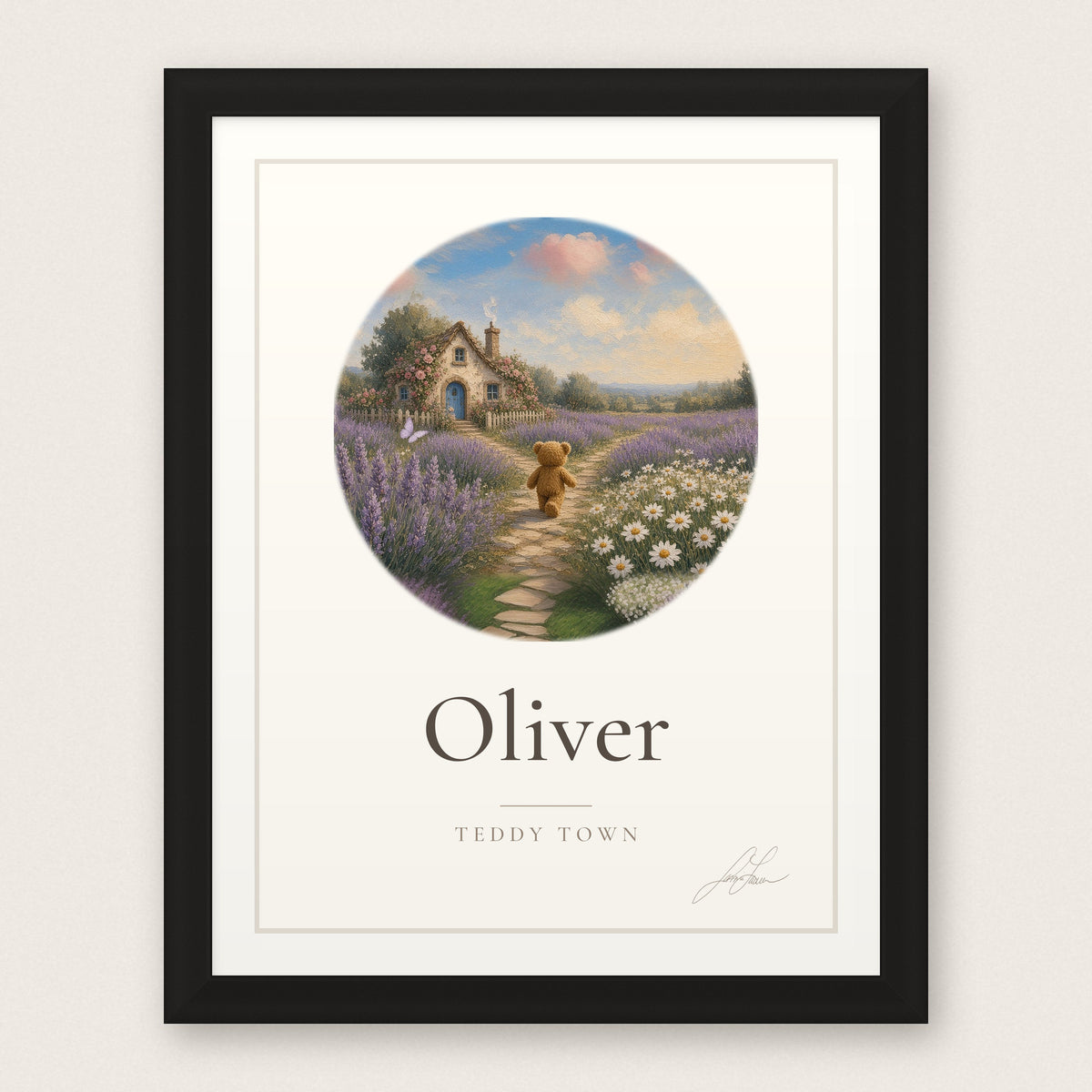 Personalized Teddy Town Name Print - Cottage Path in a black frame, by Jamie Lawrence