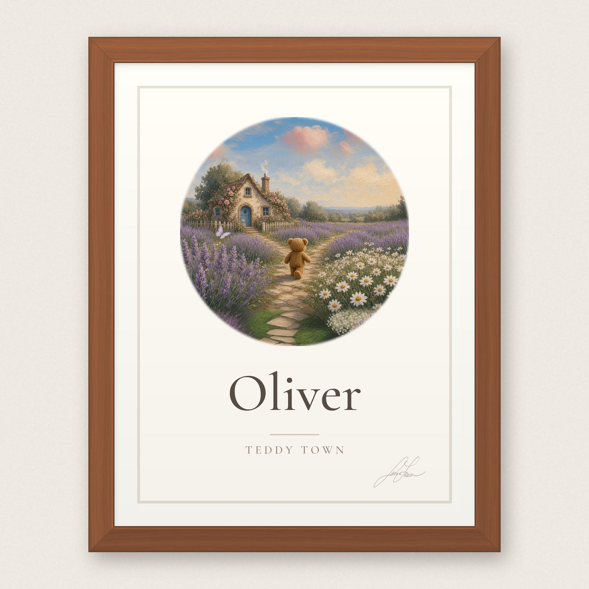 Personalized Teddy Town Name Print - Cottage Path in a red oak frame, by Jamie Lawrence