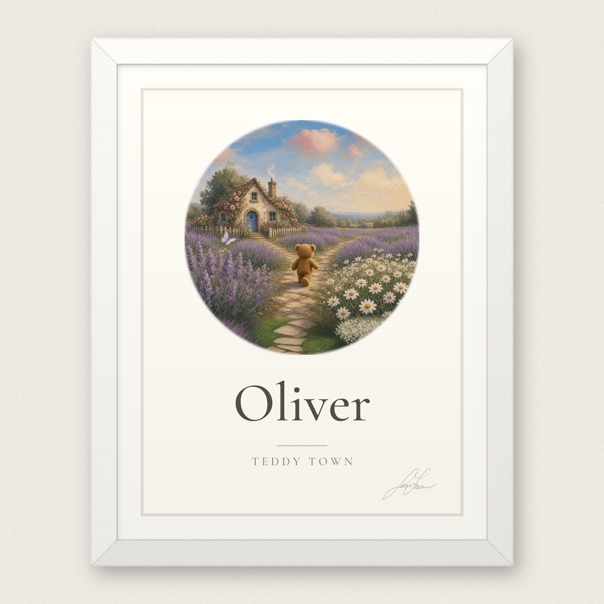 Personalized Teddy Town Name Print - Cottage Path in a white frame, by Jamie Lawrence