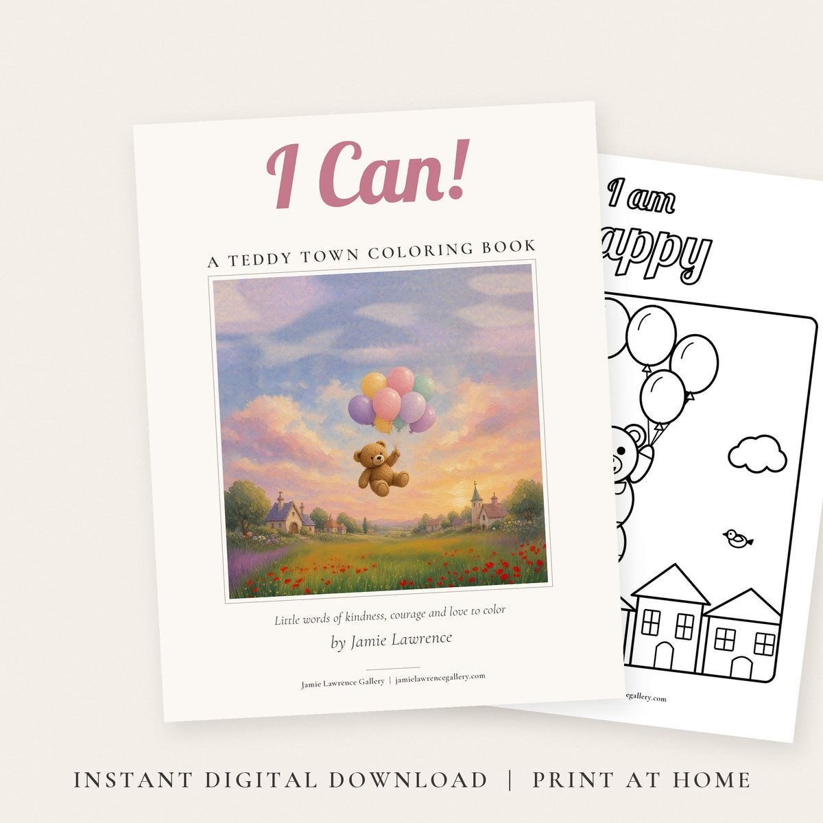 I Can! A Teddy Town Coloring Book cover with Teddy floating on pastel balloons above a little town