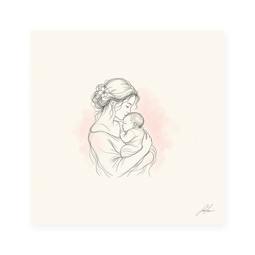 Safe in My Arms, a fine-line drawing of a mother cradling her newborn, Beloved print by Jamie Lawrence