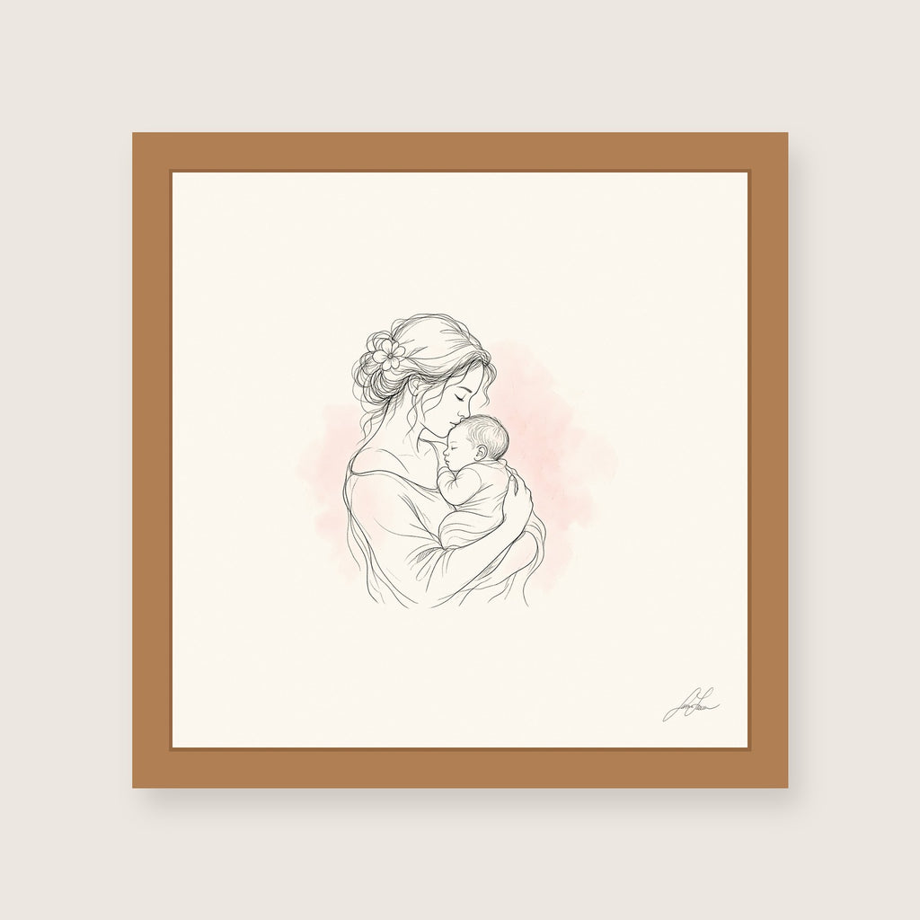 Safe in My Arms, a fine-line drawing of a mother cradling her newborn, Beloved print by Jamie Lawrence in a Red Oak frame