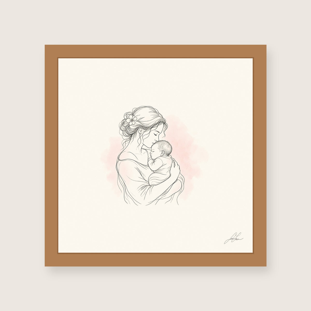 Safe in My Arms, a fine-line drawing of a mother cradling her newborn, Beloved print by Jamie Lawrence in a Red Oak frame