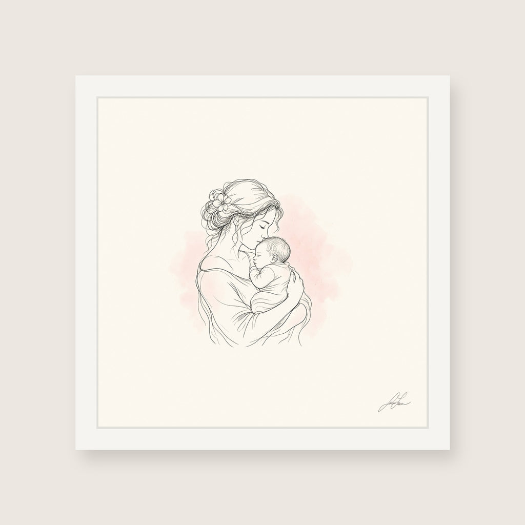 Safe in My Arms, a fine-line drawing of a mother cradling her newborn, Beloved print by Jamie Lawrence in a White frame