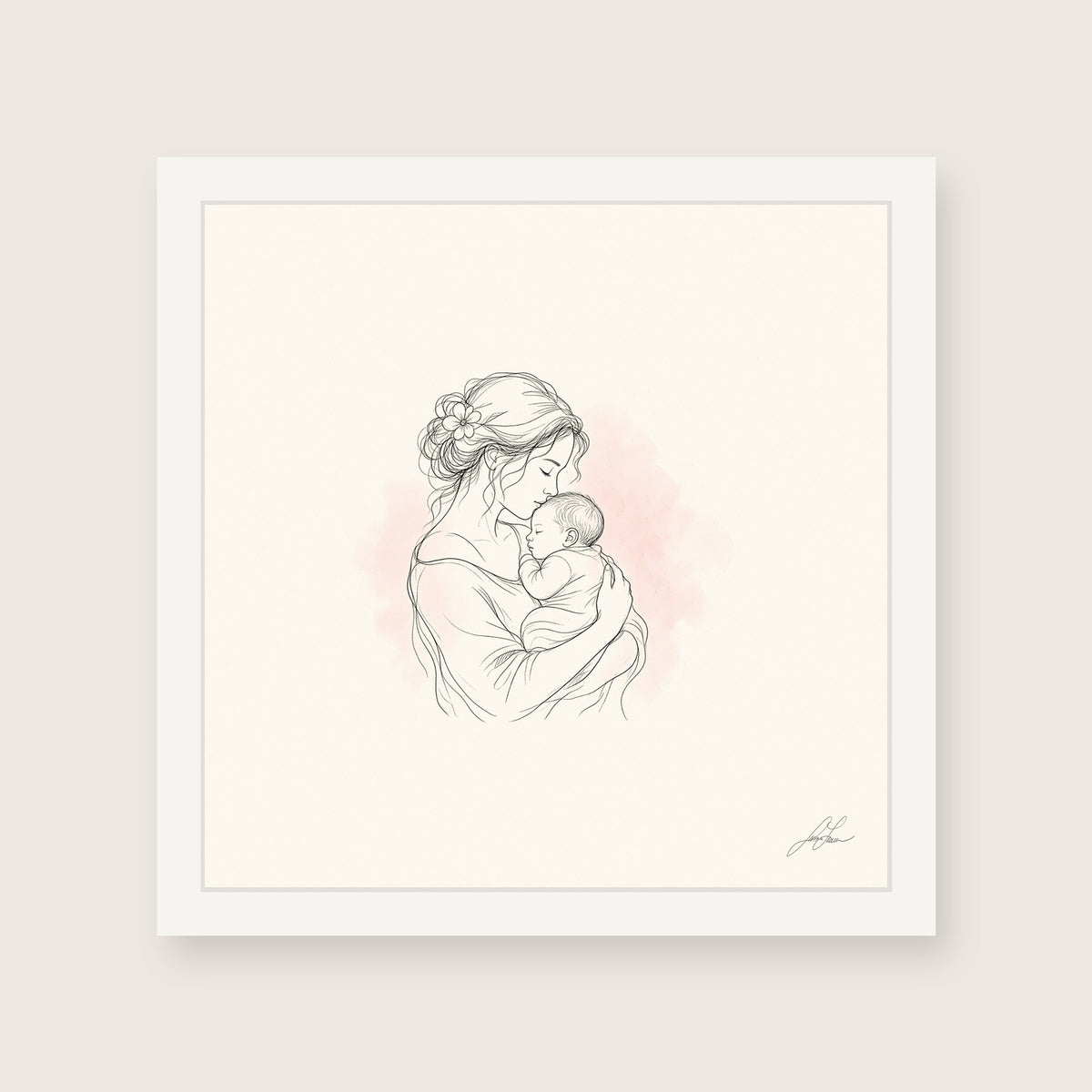 Safe in My Arms, a fine-line drawing of a mother cradling her newborn, Beloved print by Jamie Lawrence in a White frame