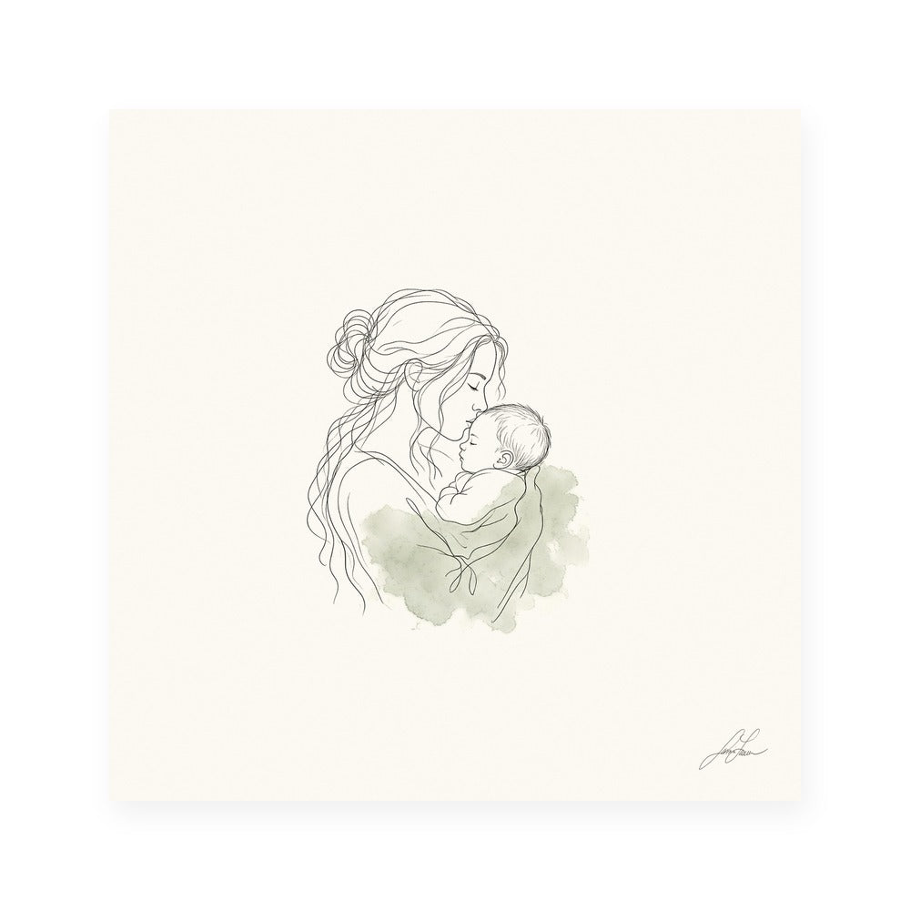 First Kiss, a fine-line drawing of a mother kissing her baby, Beloved print by Jamie Lawrence