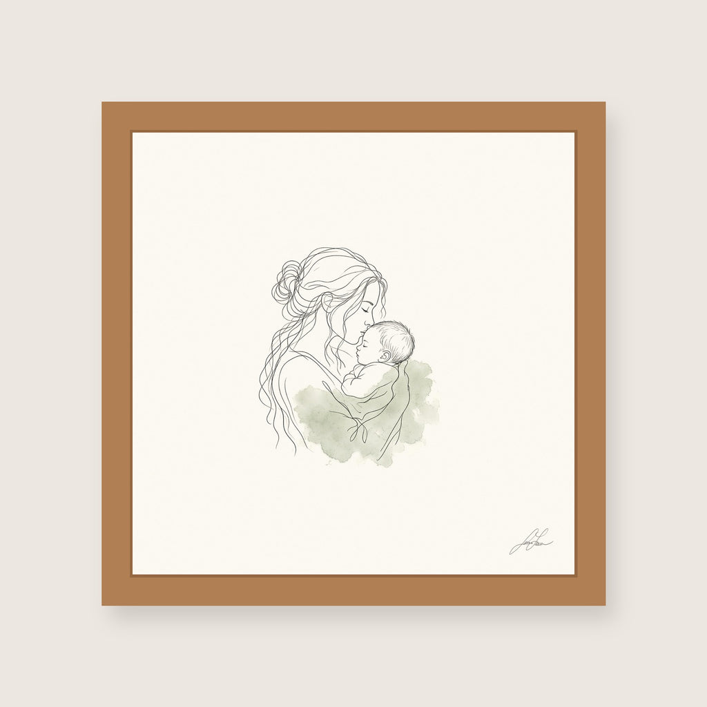 First Kiss, a fine-line drawing of a mother kissing her baby, Beloved print by Jamie Lawrence in a Red Oak frame