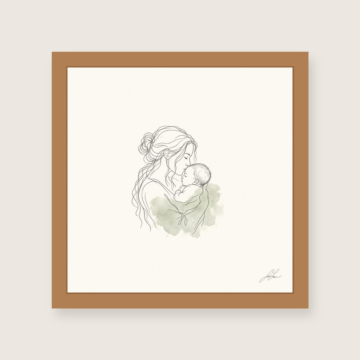 First Kiss, a fine-line drawing of a mother kissing her baby, Beloved print by Jamie Lawrence in a Red Oak frame