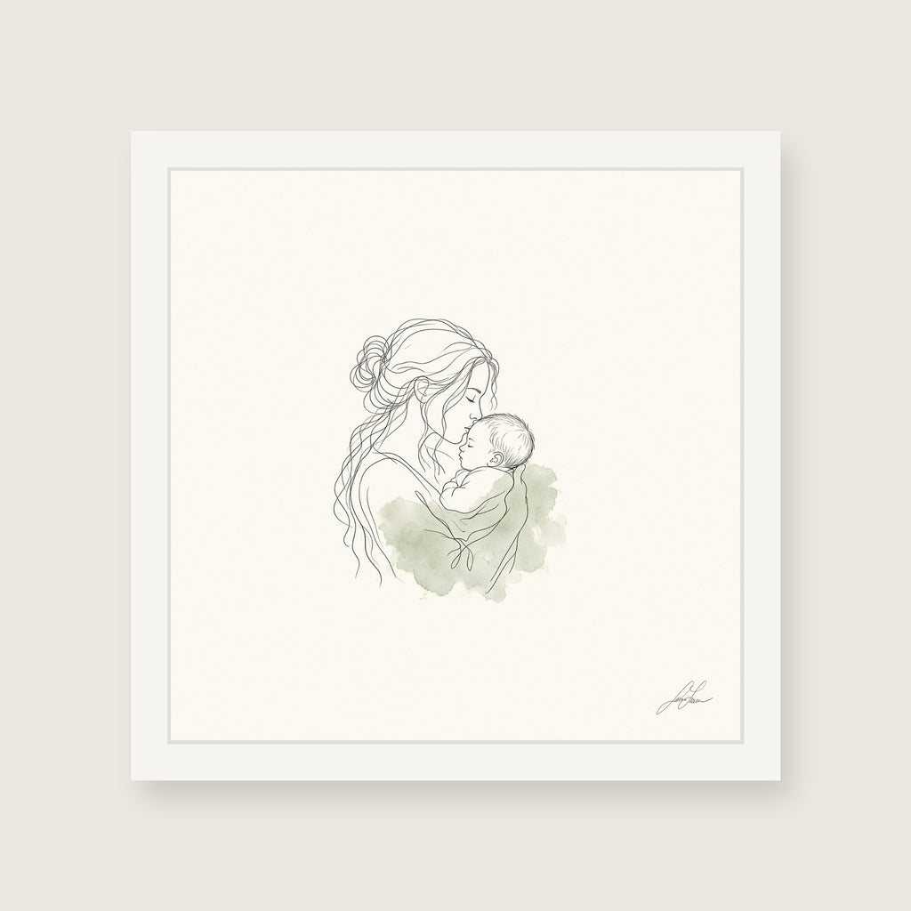First Kiss, a fine-line drawing of a mother kissing her baby, Beloved print by Jamie Lawrence in a White frame