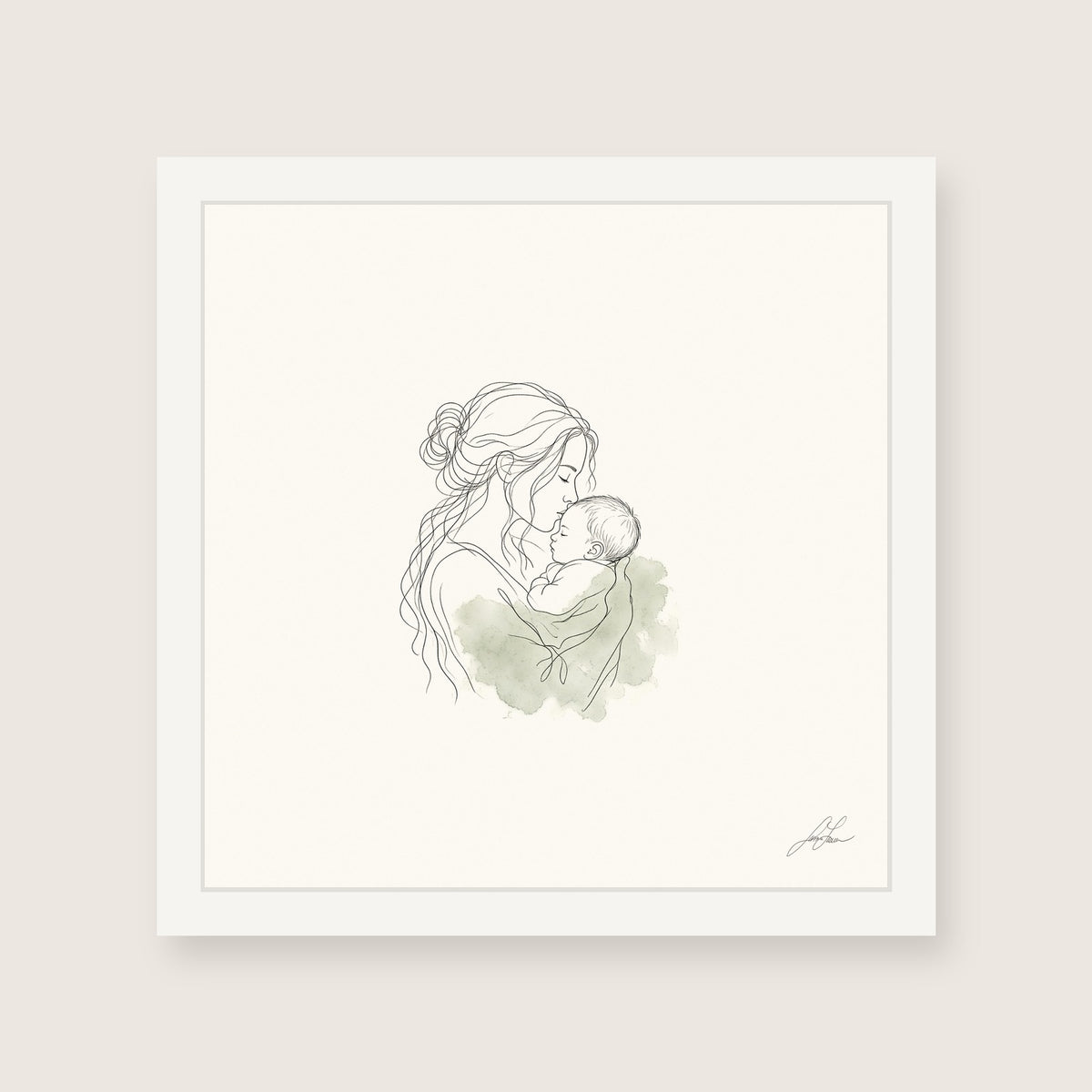 First Kiss, a fine-line drawing of a mother kissing her baby, Beloved print by Jamie Lawrence in a White frame