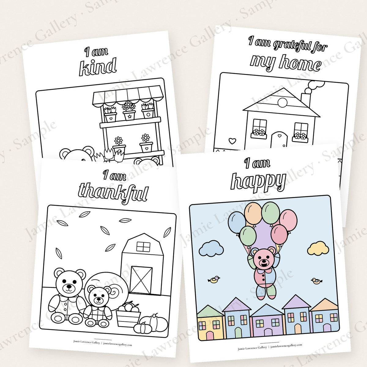 Four printable coloring pages from the I Can! book, one shown colored in soft pastels
