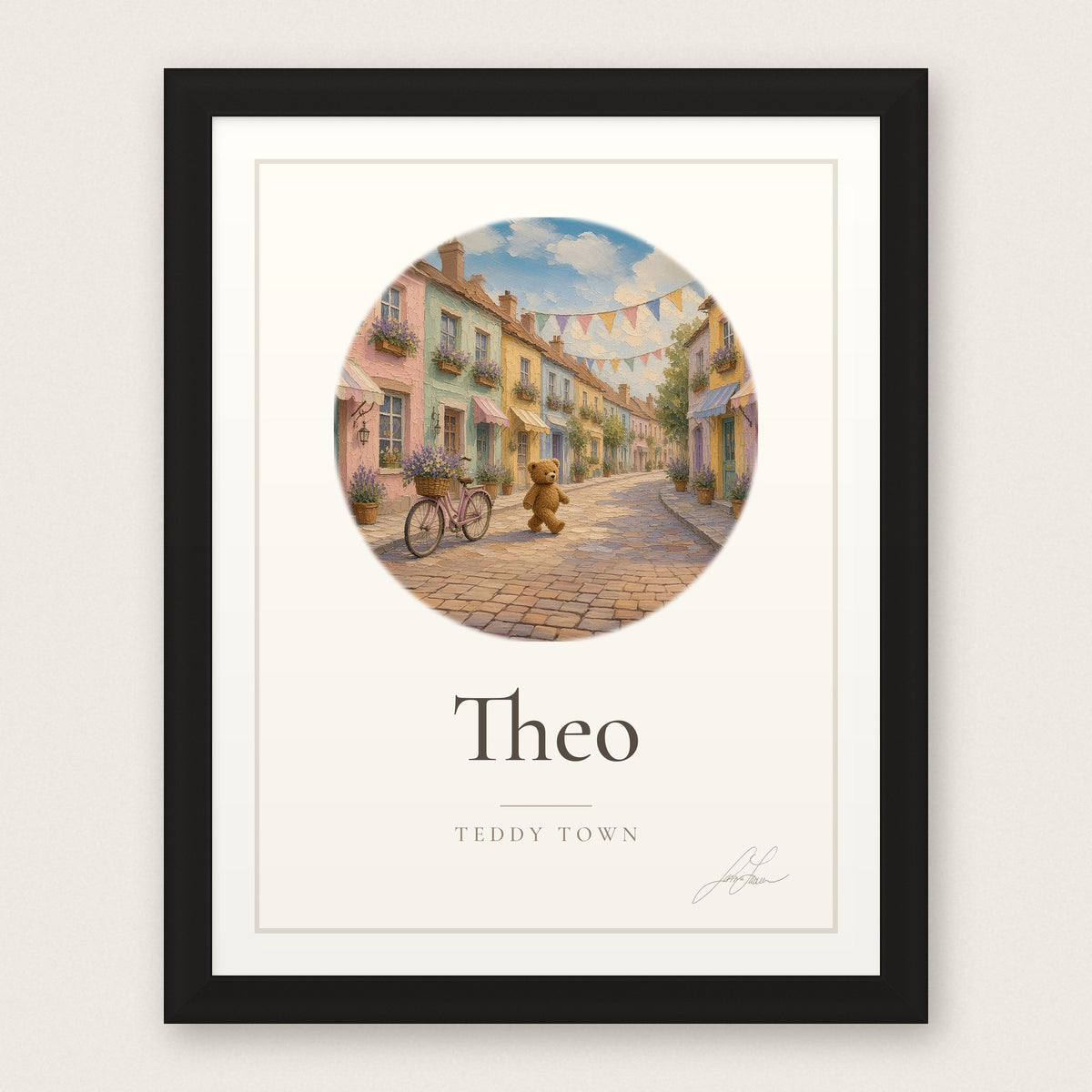 Personalized Teddy Town Name Print - Little Town in a black frame, by Jamie Lawrence