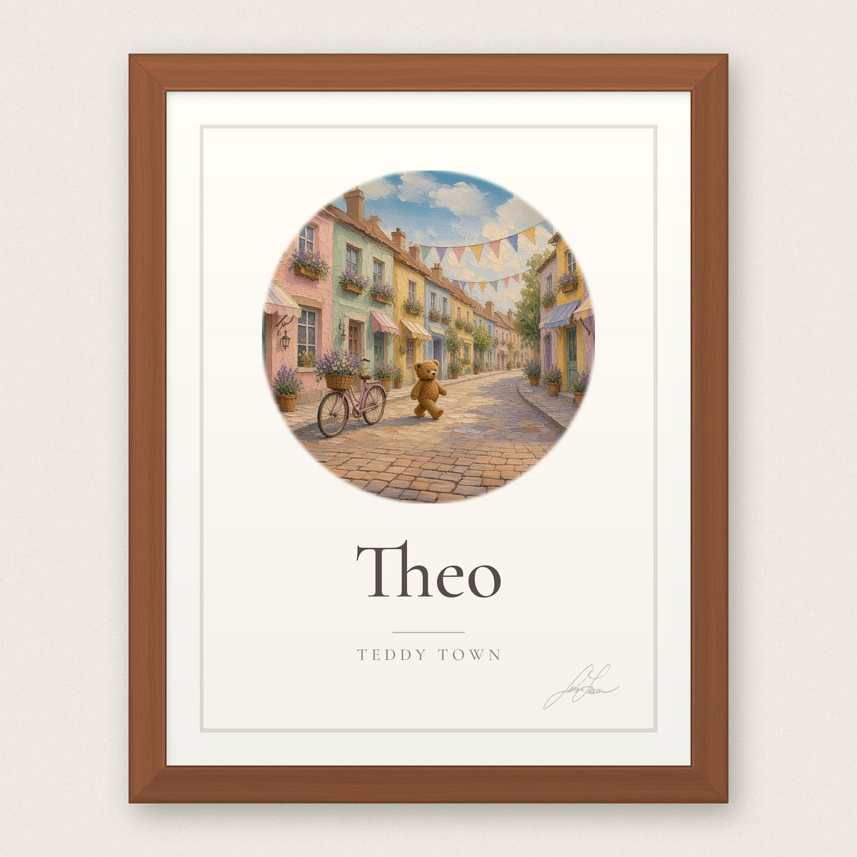Personalized Teddy Town Name Print - Little Town in a red oak frame, by Jamie Lawrence