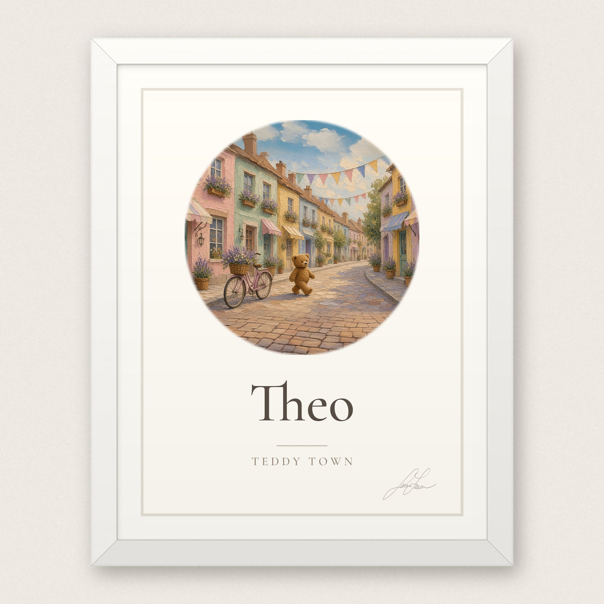 Personalized Teddy Town Name Print - Little Town in a white frame, by Jamie Lawrence