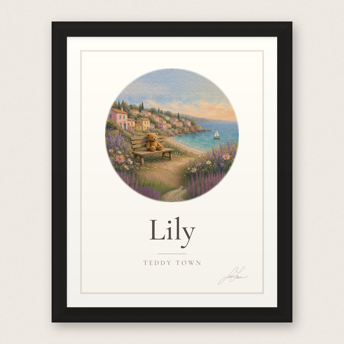 Personalized Teddy Town Name Print - Seaside Village in a black frame, by Jamie Lawrence
