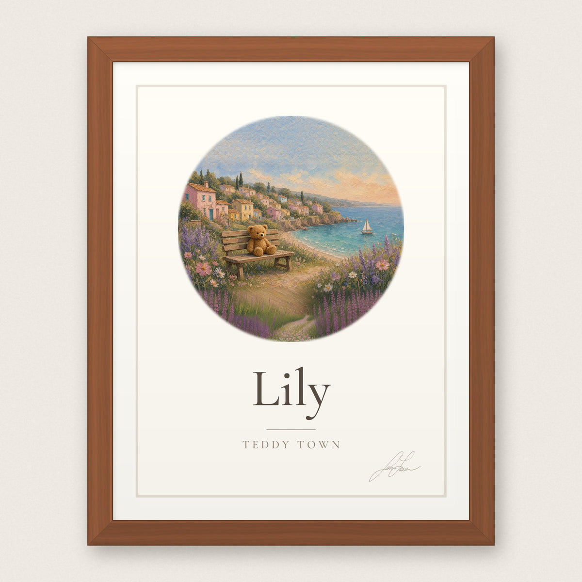 Personalized Teddy Town Name Print - Seaside Village in a red oak frame, by Jamie Lawrence