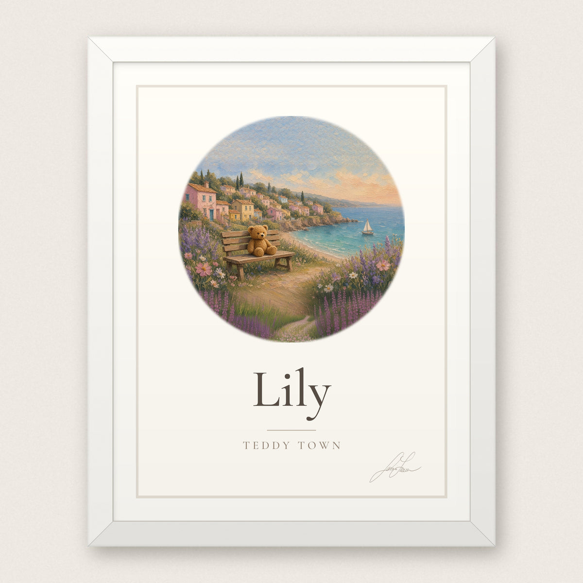 Personalized Teddy Town Name Print - Seaside Village in a white frame, by Jamie Lawrence