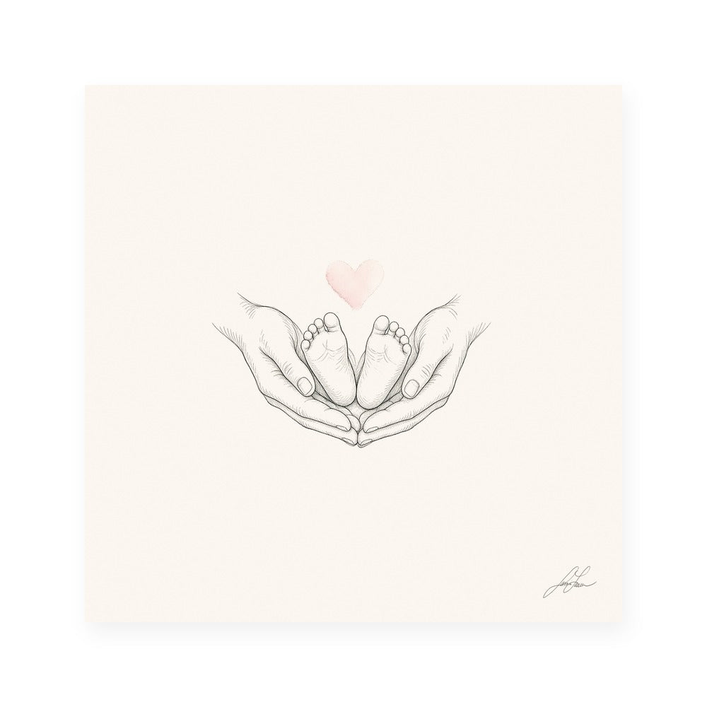 Ten Little Toes, a fine-line drawing of a parent's hands cradling a baby's feet beneath a small blush heart, Beloved print by Jamie Lawrence