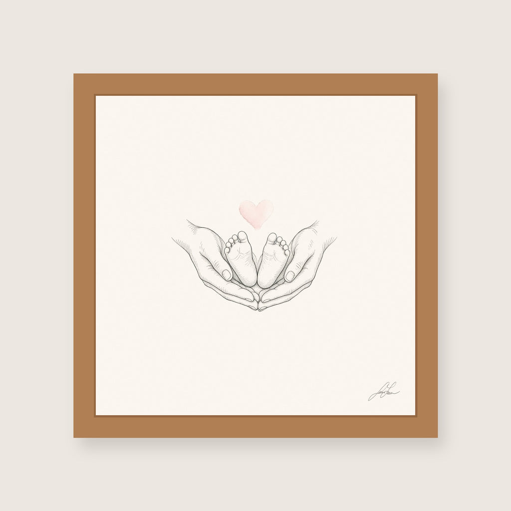 Ten Little Toes, a fine-line drawing of a parent's hands cradling a baby's feet beneath a small blush heart, Beloved print by Jamie Lawrence in a Red Oak frame