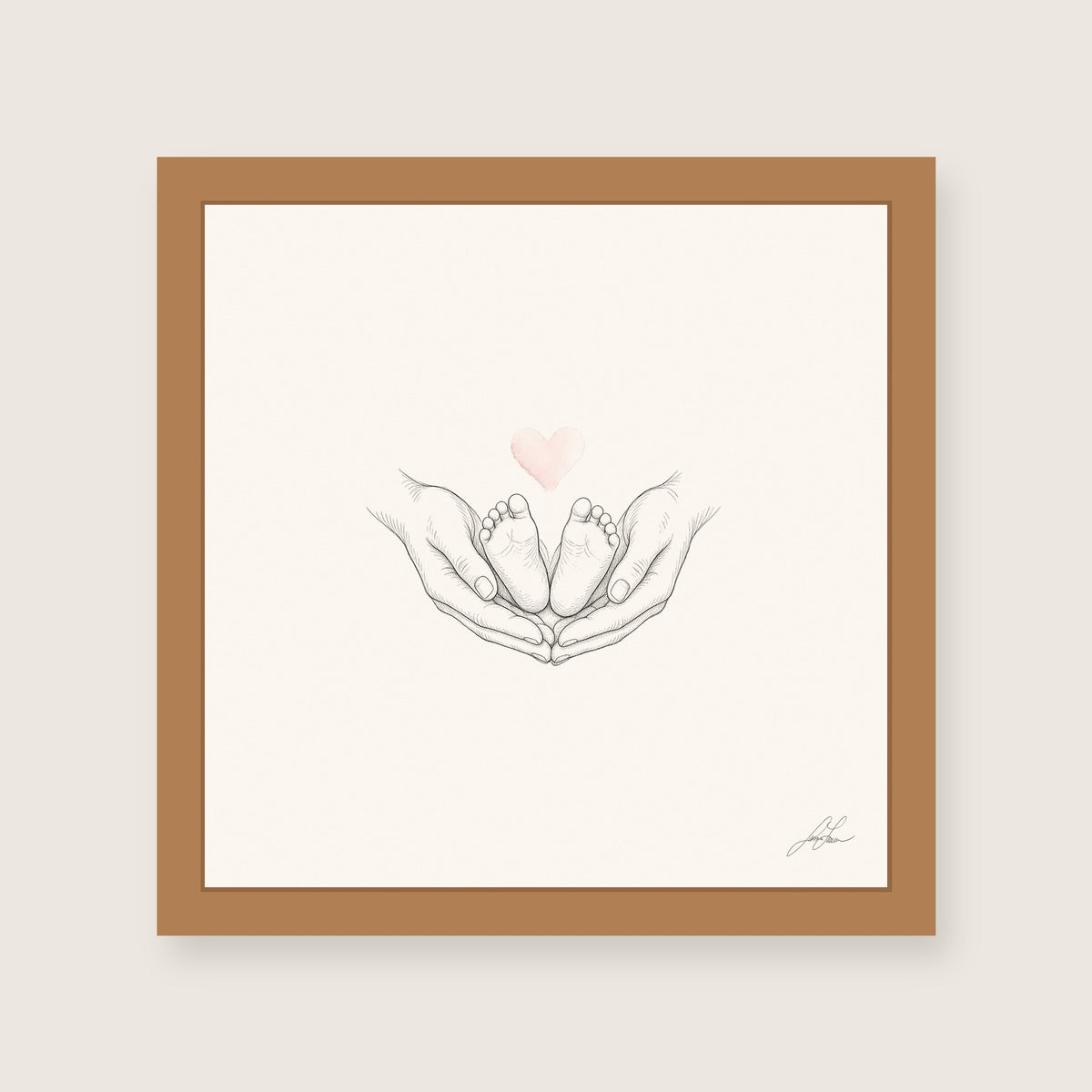 Ten Little Toes, a fine-line drawing of a parent's hands cradling a baby's feet beneath a small blush heart, Beloved print by Jamie Lawrence in a Red Oak frame