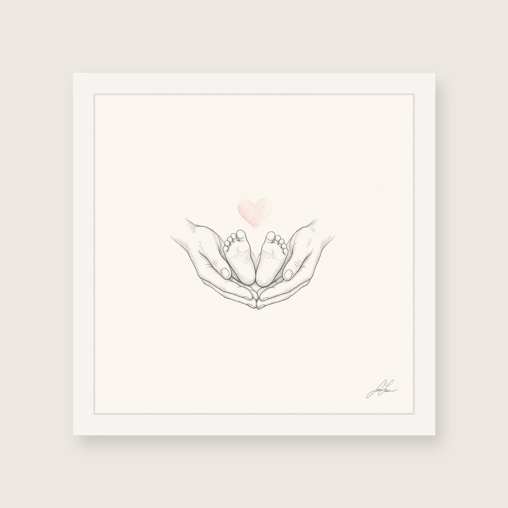Ten Little Toes, a fine-line drawing of a parent's hands cradling a baby's feet beneath a small blush heart, Beloved print by Jamie Lawrence in a White frame