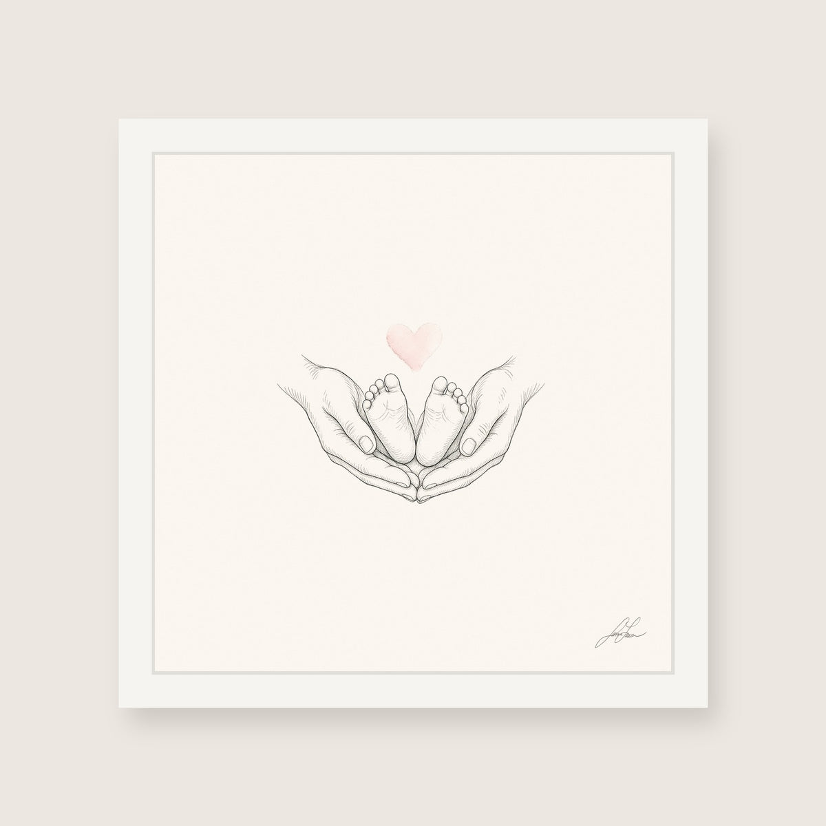Ten Little Toes, a fine-line drawing of a parent's hands cradling a baby's feet beneath a small blush heart, Beloved print by Jamie Lawrence in a White frame