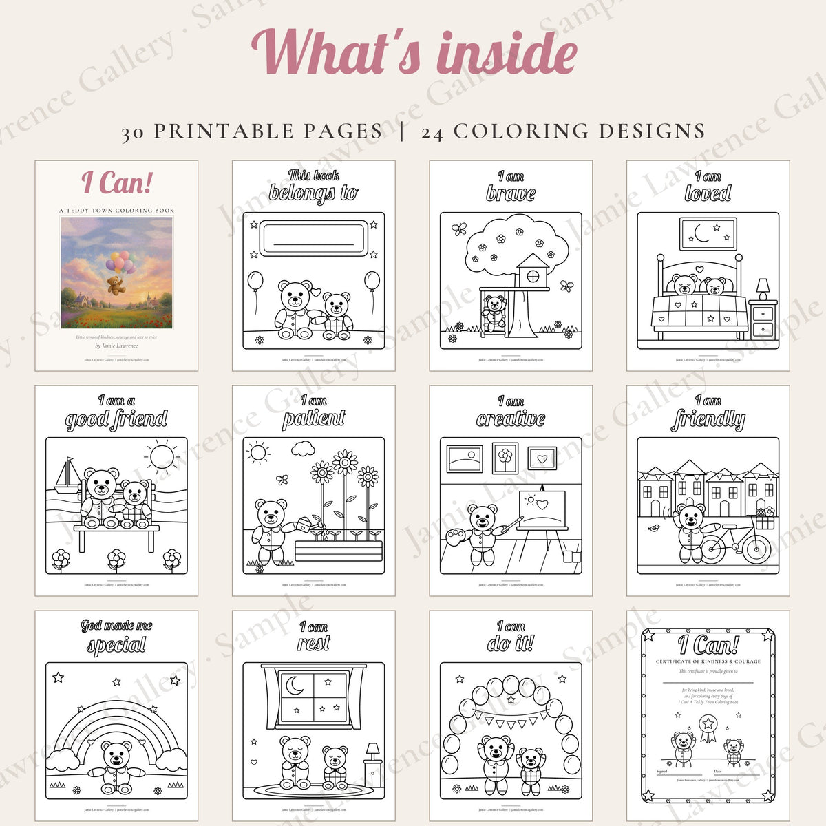 Grid of pages inside the I Can! Teddy Town Coloring Book
