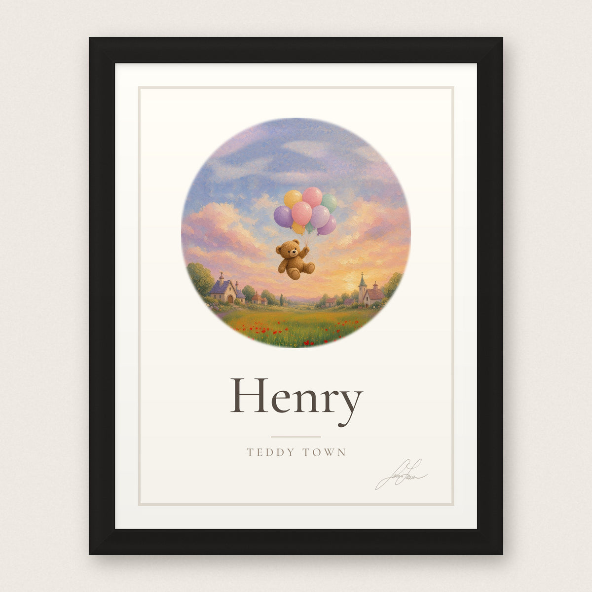 Personalized Teddy Town Name Print - Balloons in a black frame, by Jamie Lawrence