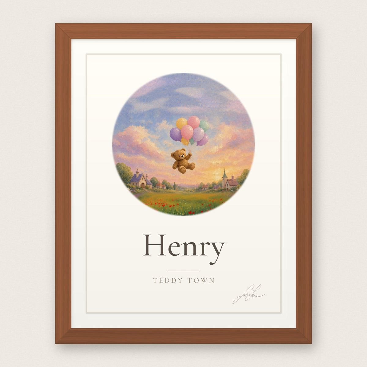 Personalized Teddy Town Name Print - Balloons in a red oak frame, by Jamie Lawrence