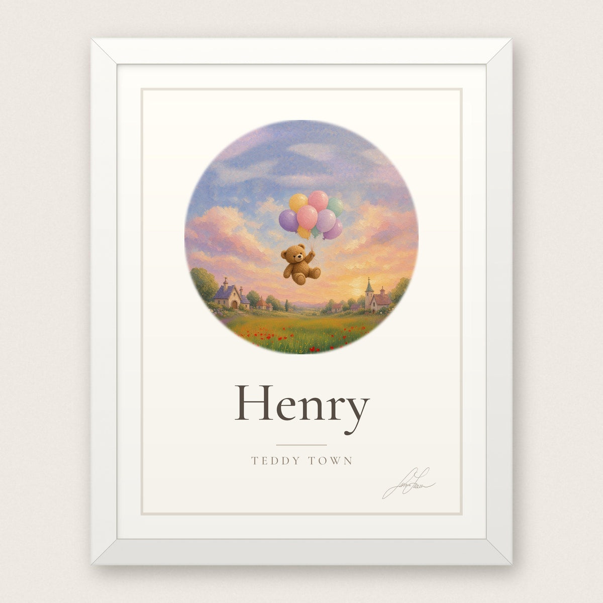 Personalized Teddy Town Name Print - Balloons in a white frame, by Jamie Lawrence