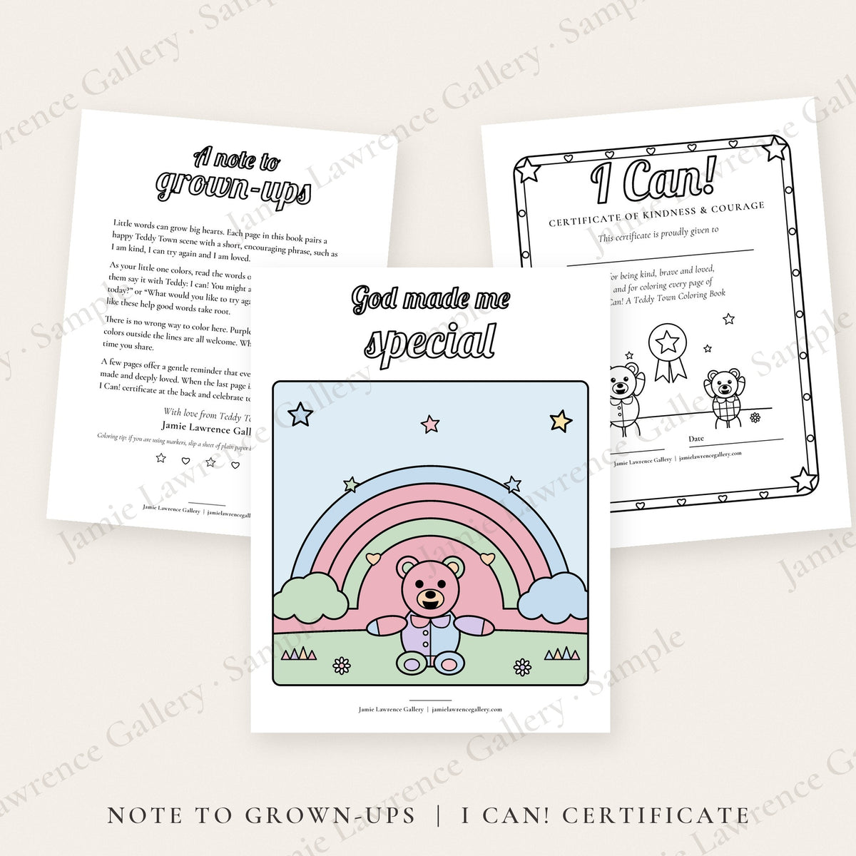 Note to grown-ups, a coloring page and the I Can! certificate
