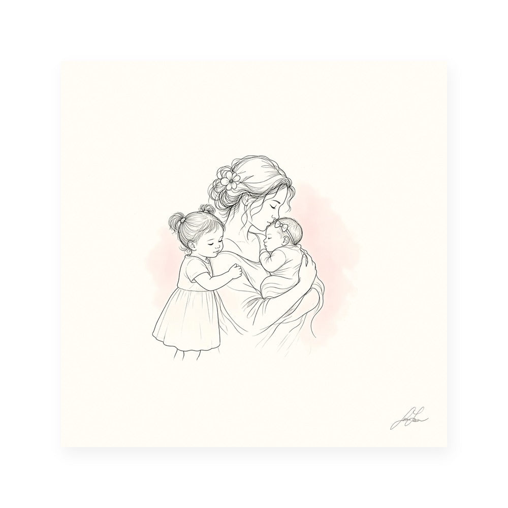 Room in My Heart, a fine-line drawing of a mother holding her baby girl with a little sister at her side, Beloved print by Jamie Lawrence