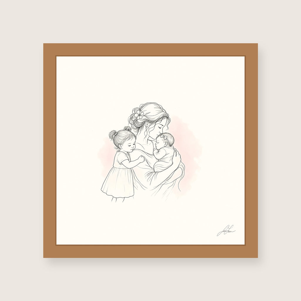 Room in My Heart, a fine-line drawing of a mother holding her baby girl with a little sister at her side, Beloved print by Jamie Lawrence in a Red Oak frame