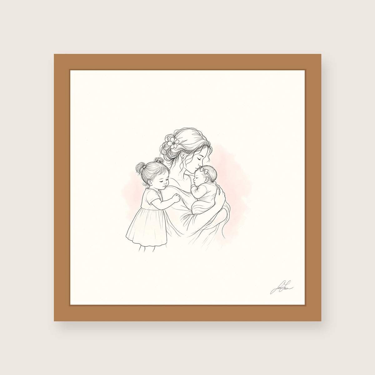 Room in My Heart, a fine-line drawing of a mother holding her baby girl with a little sister at her side, Beloved print by Jamie Lawrence in a Red Oak frame