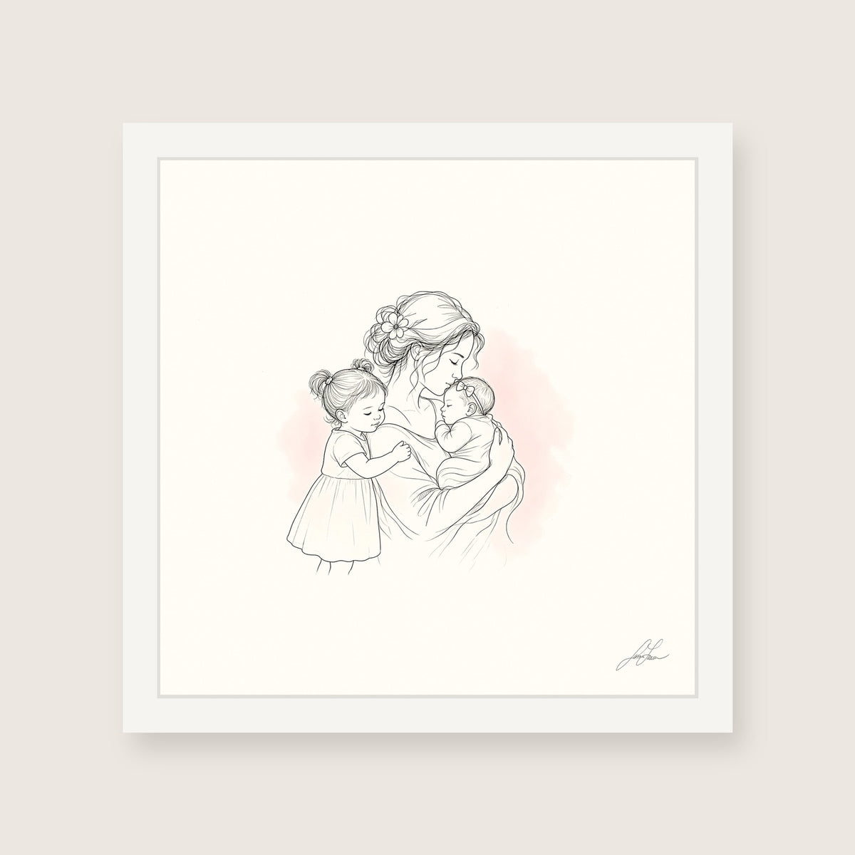 Room in My Heart, a fine-line drawing of a mother holding her baby girl with a little sister at her side, Beloved print by Jamie Lawrence in a White frame