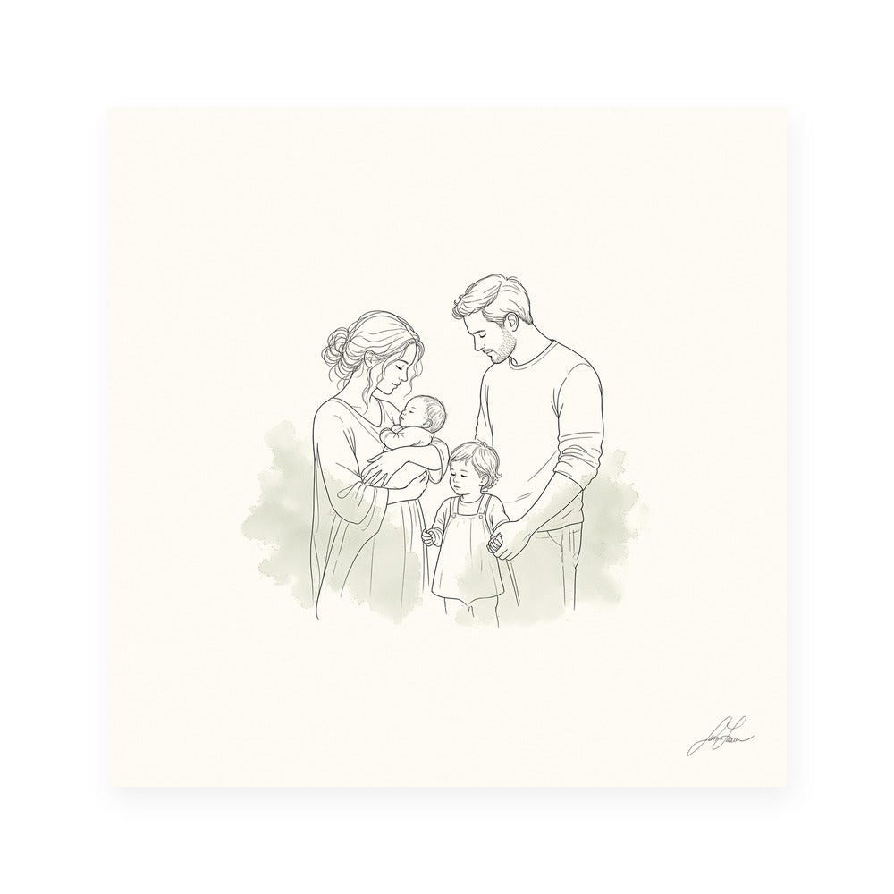 All of Us, a fine-line drawing of a family gathered close, Beloved print by Jamie Lawrence