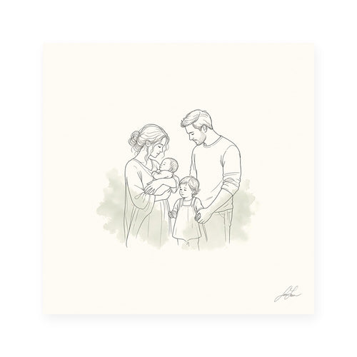 All of Us, a fine-line drawing of a family gathered close, Beloved print by Jamie Lawrence