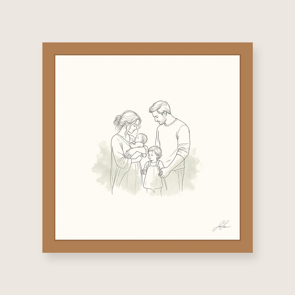 All of Us, a fine-line drawing of a family gathered close, Beloved print by Jamie Lawrence in a Red Oak frame