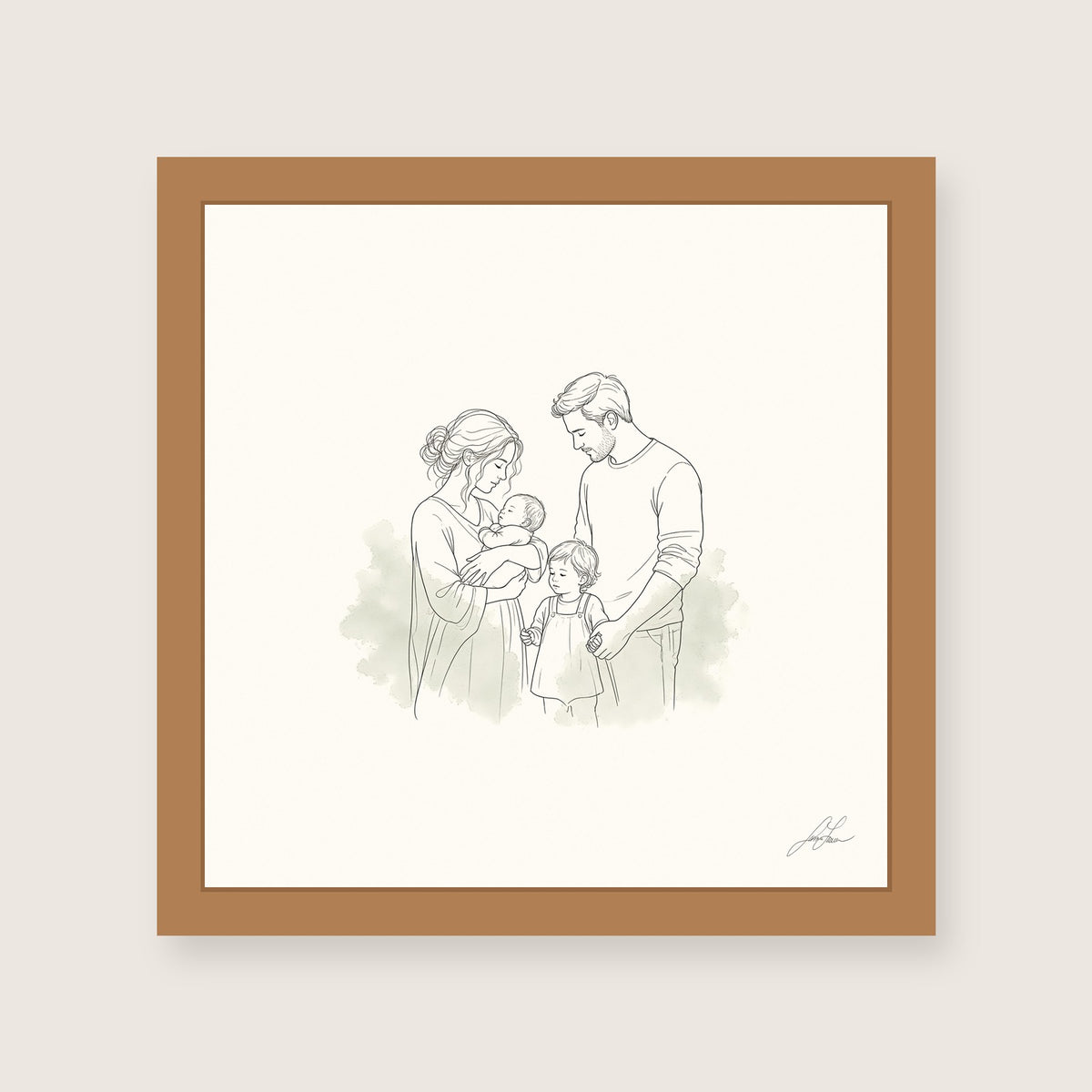 All of Us, a fine-line drawing of a family gathered close, Beloved print by Jamie Lawrence in a Red Oak frame