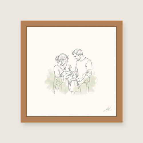 All of Us, a fine-line drawing of a family gathered close, Beloved print by Jamie Lawrence in a Red Oak frame