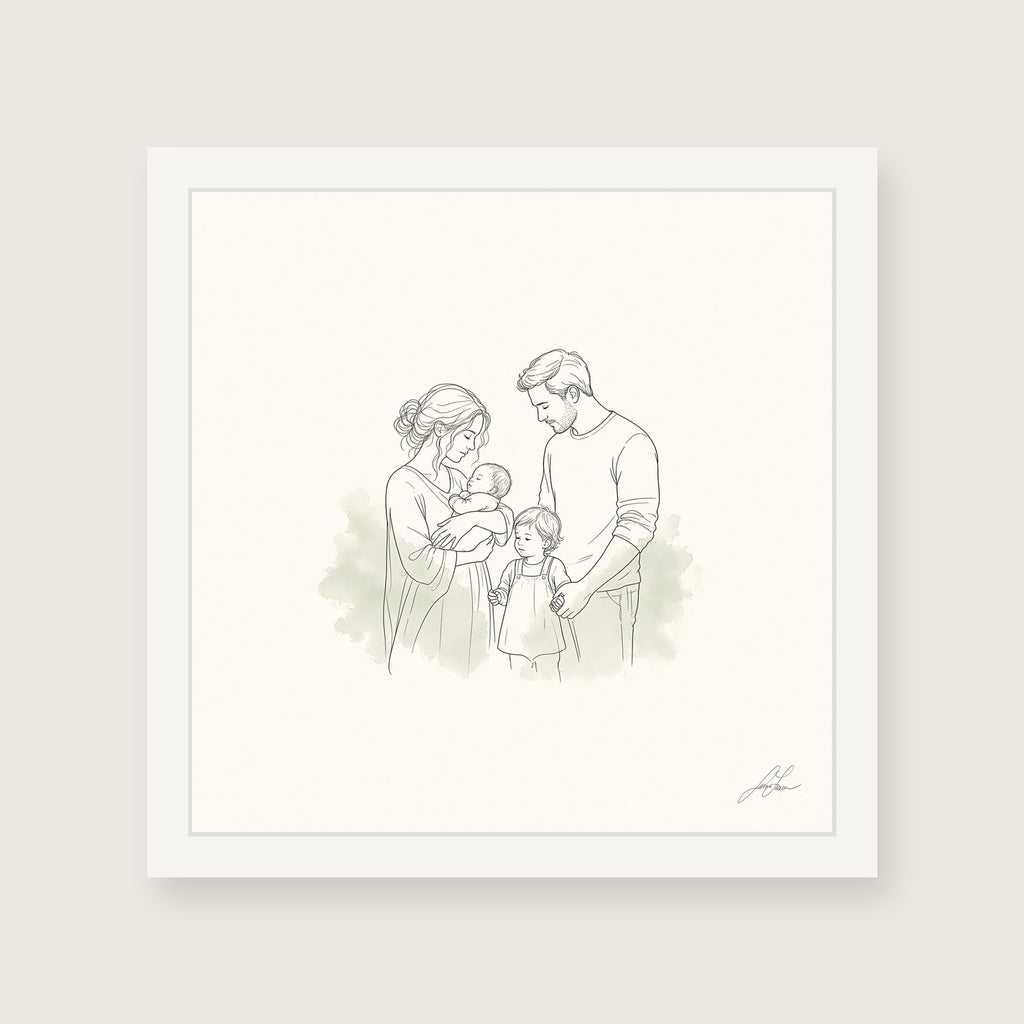 All of Us, a fine-line drawing of a family gathered close, Beloved print by Jamie Lawrence in a White frame
