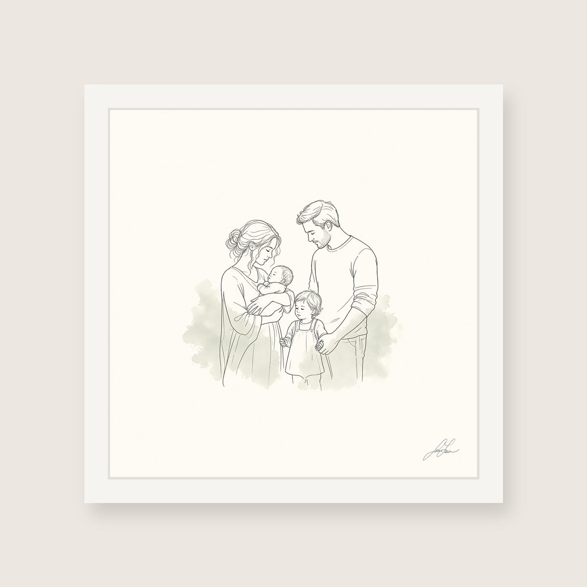 All of Us, a fine-line drawing of a family gathered close, Beloved print by Jamie Lawrence in a White frame