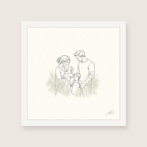 All of Us, a fine-line drawing of a family gathered close, Beloved print by Jamie Lawrence in a White frame