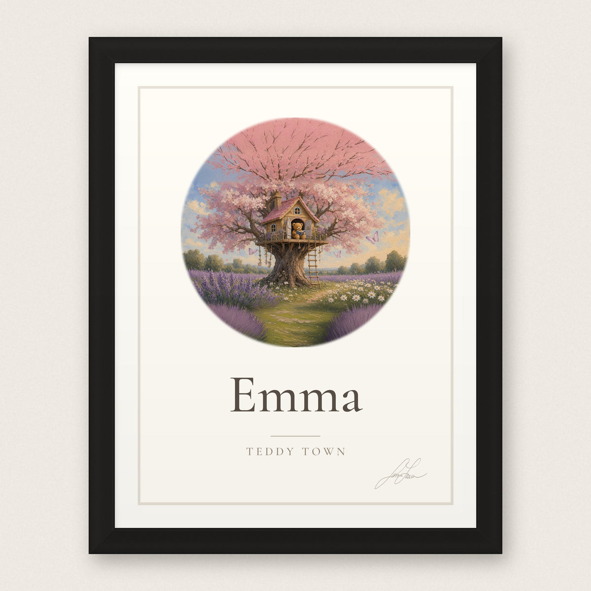 Personalized Teddy Town Name Print - Blossom Treehouse in a black frame, by Jamie Lawrence