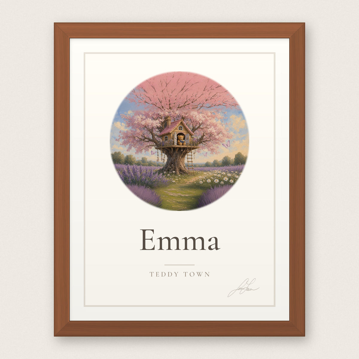 Personalized Teddy Town Name Print - Blossom Treehouse in a red oak frame, by Jamie Lawrence