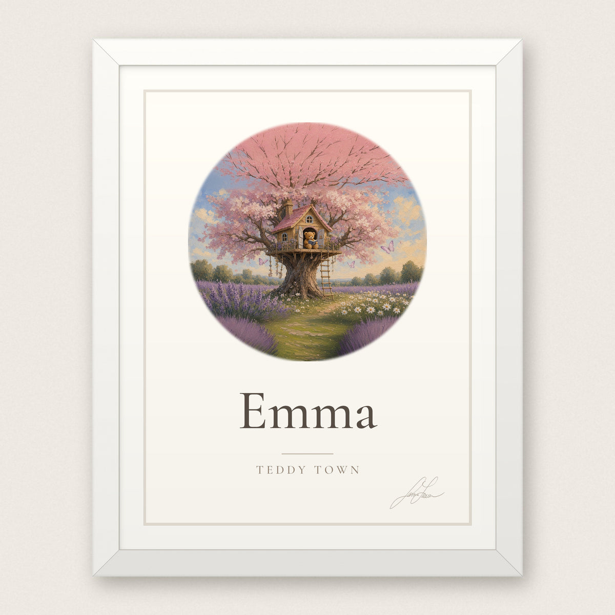 Personalized Teddy Town Name Print - Blossom Treehouse in a white frame, by Jamie Lawrence