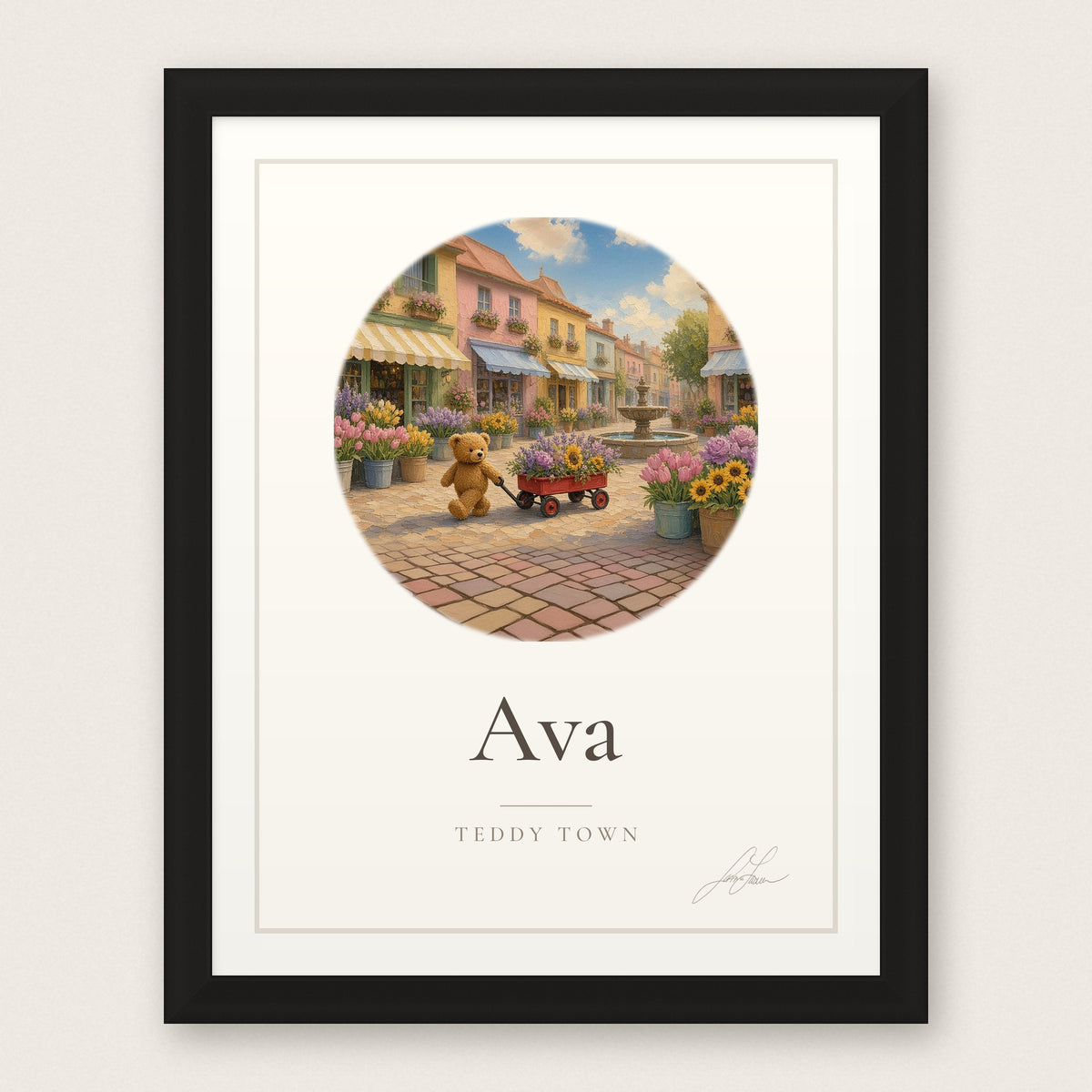 Personalized Teddy Town Name Print - Flower Market in a black frame, by Jamie Lawrence