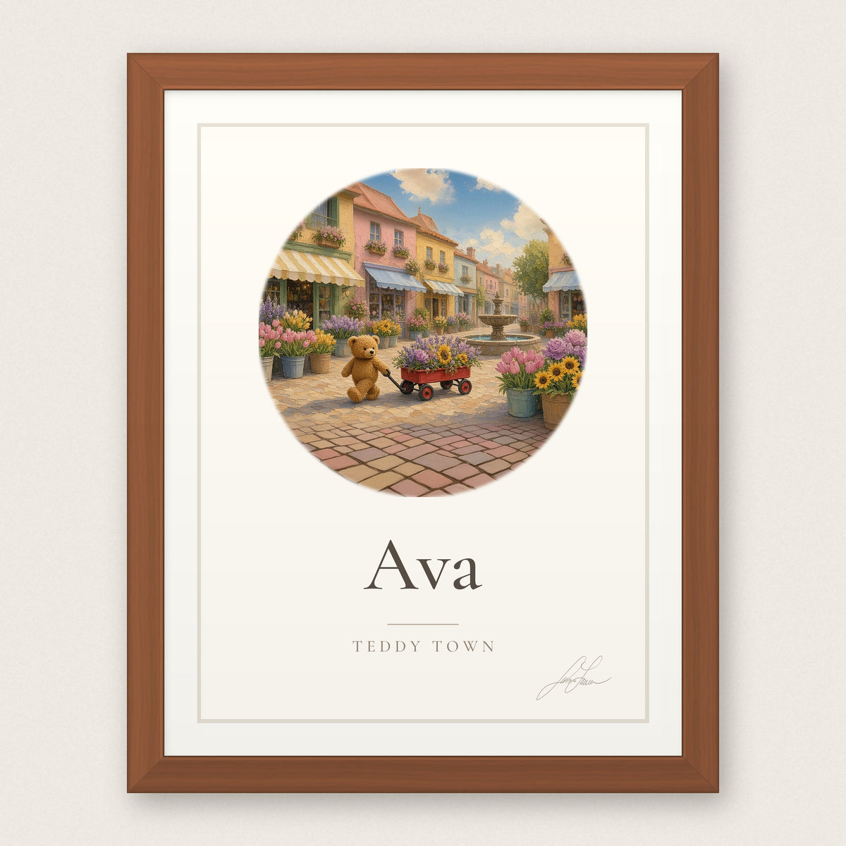 Personalized Teddy Town Name Print - Flower Market in a red oak frame, by Jamie Lawrence