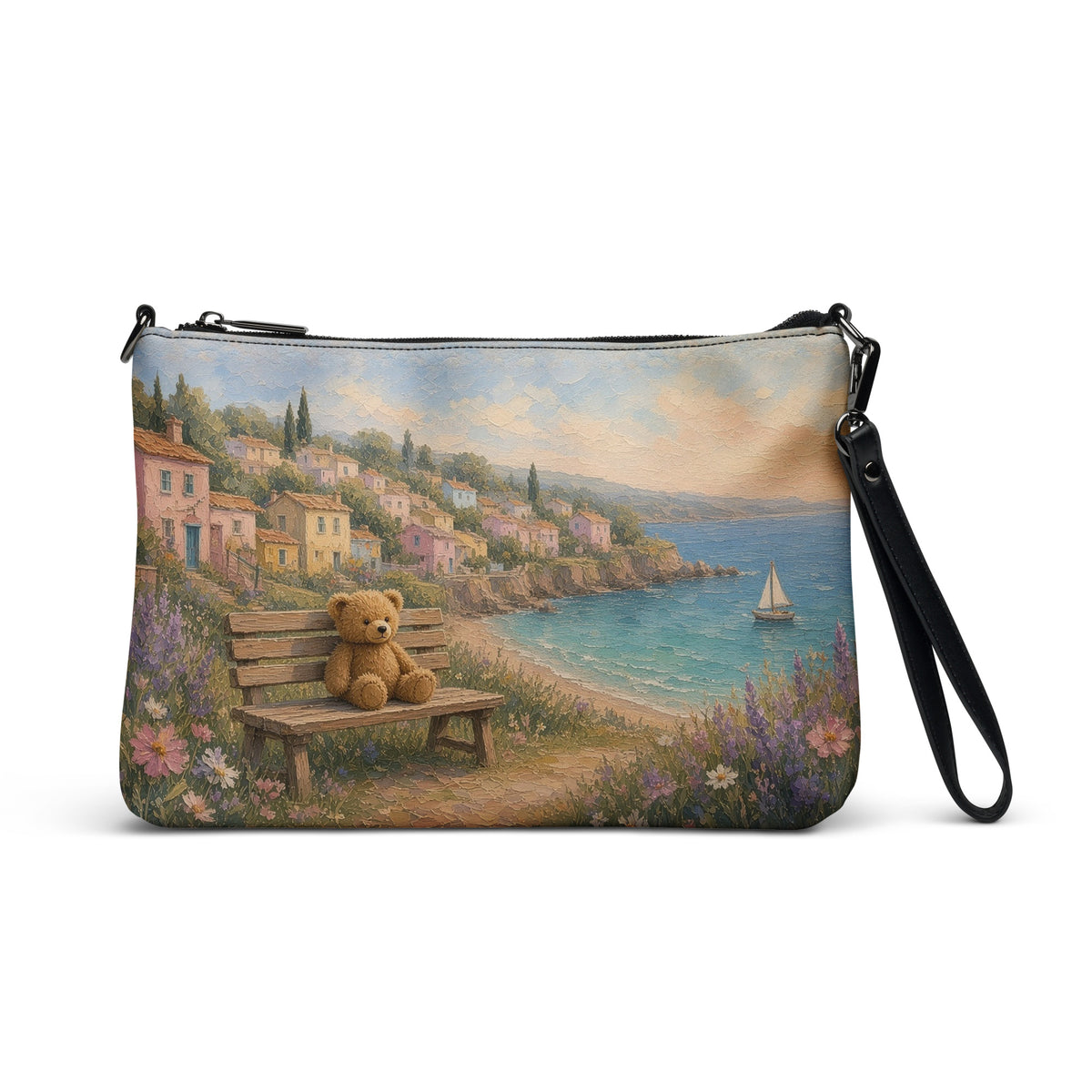 Seaside Village Teddy Town crossbody bag by Jamie Lawrence, front