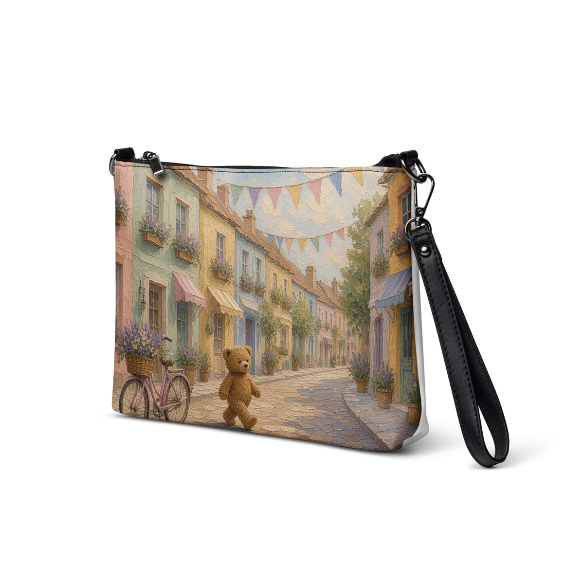 Little Town Teddy Town crossbody bag by Jamie Lawrence, front angle